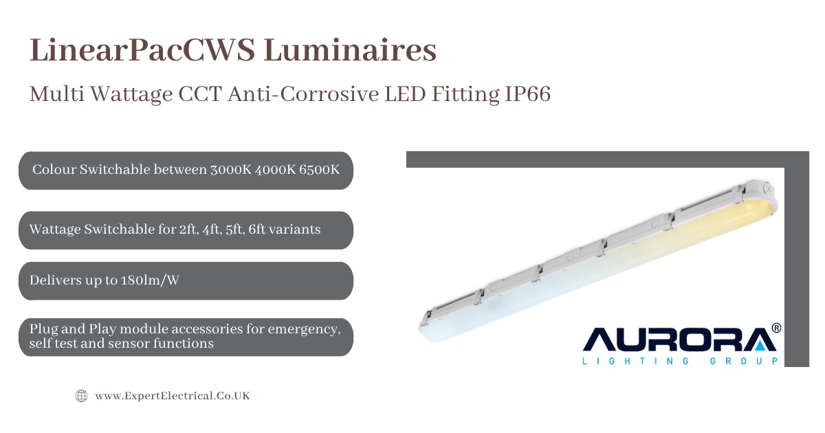 Upgrade your lighting with the innovative Aurora LinearPacCWS Multi-Wattage CCT Anti-Corrosive LED Fittings IP66. Featuring up to 180lm/W, this fixture offers exceptional brightness and energy efficiency.

#expertelec #Auroralighting #commerciallighting #battenlighting #lights