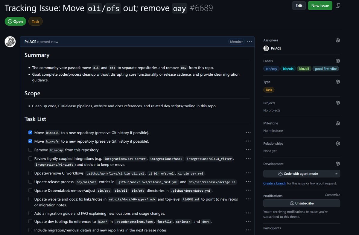 repsiace's tweet image. Big cleanup ahead for #OpenDAL 

-  oli / ofs → new repos
- oay → removed

We’re simplifying CI, docs, and code layout.
If you’d like to help refine this transition — now’s the time.
