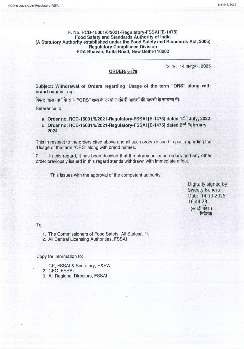 🚨 Victory for Public Health!
After an 8-year relentless campaign by Dr. Sivaranjani Santosh, <a href="/fssaiindia/">FSSAI</a> has officially banned the use of the term “ORS” on misleading beverage labels. 🧃❌
No brand can falsely market sugary drinks as Oral Rehydration Solutions anymore! 💪
#FSSAI