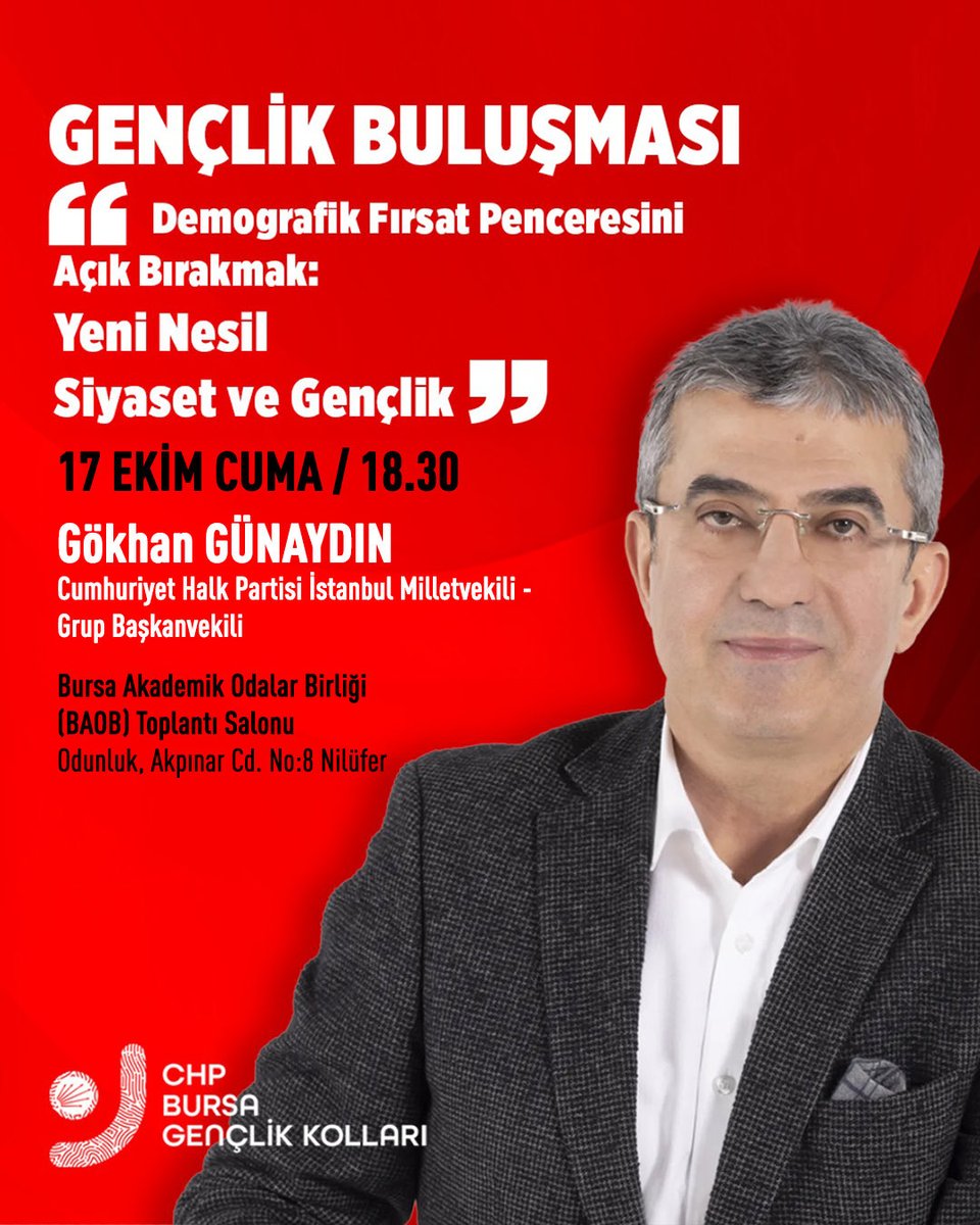 Sorularınız hazır mı arkadaşlar?🤔

Cevaplar için geliyor: Gökhan Günaydın!
Gençlik, siyaset, enerji, tartışma… hepsi bugün BAOB’da!

📅 17 Ekim Cuma – 18.30
📍 Bursa Akademik Odalar Birliği (BAOB) Toplantı Odası, Odunluk – Nilüfer