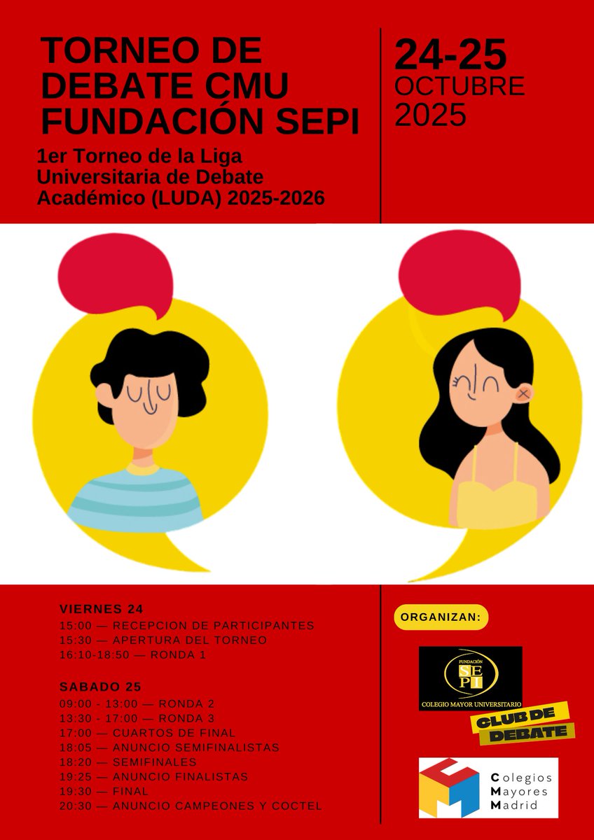 ¡Ya tenemos cartel para el torneo de debate del #CMUFundaciónSEPI, el primero de los tres torneos clasificatorios de la III Liga Universitaria de Debate Académico #LUDA. 

🙌 ¡Te esperamos el 24 y 25 de octubre en nuestro CMU!

#FundaciónSEPI #UnMayorEsMás➕ #DebateUniversitario
