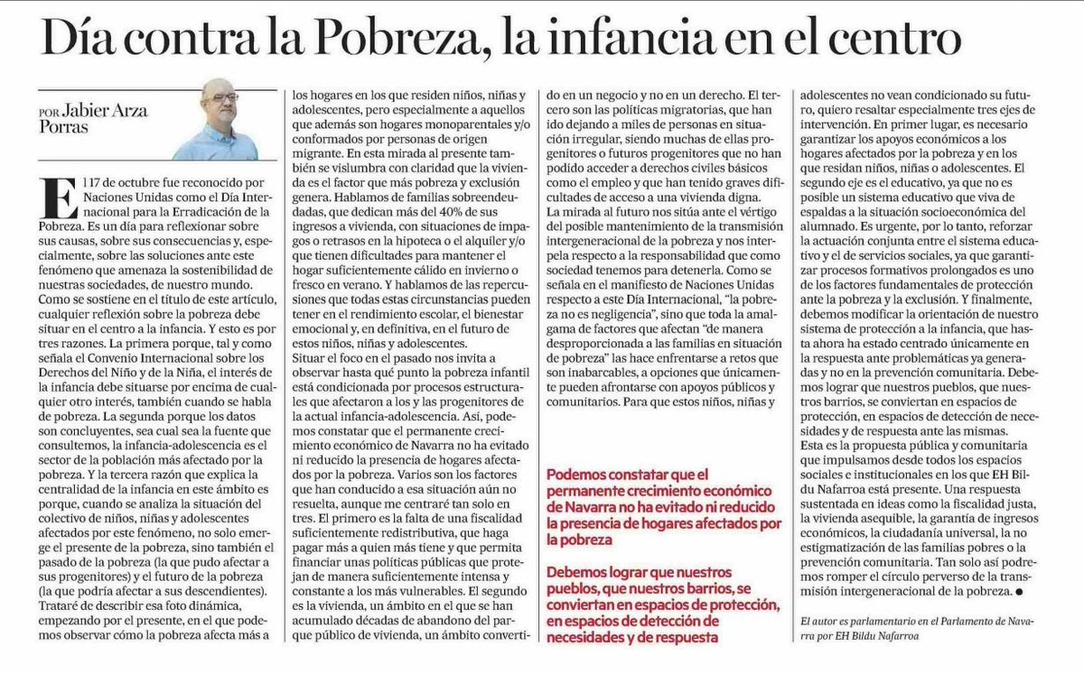 La pobreza afecta especialmente a la infancia. 

El reto consiste en romper el círculo perverso de la transmisión intergeneracional de la pobreza. Fiscalidad redistributiva, vivienda asequible y políticas migratorias integradoras, son las alternativas.
noticiasdenavarra.com/opinion/tribun…