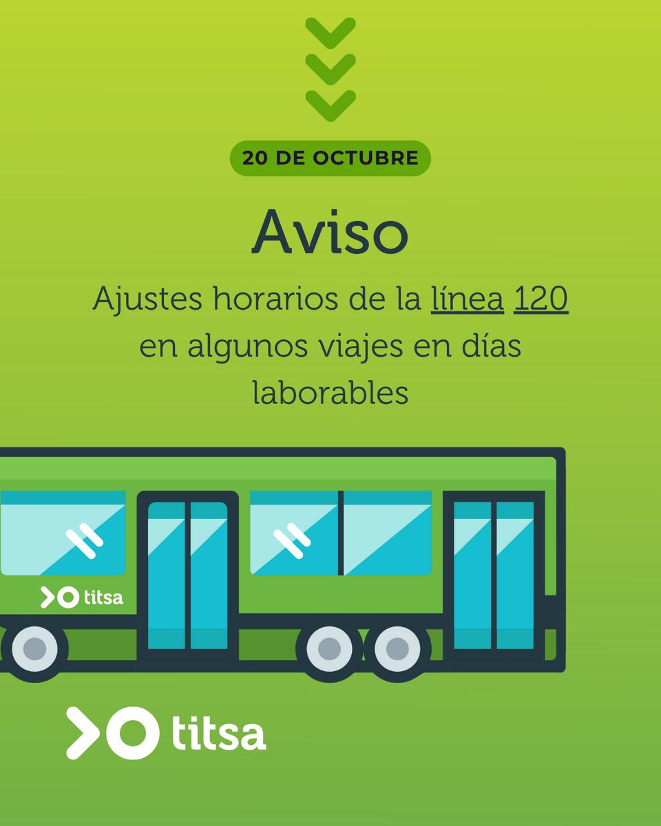 📢 Aviso: A partir del lunes, 20 de octubre, habrá ajustes horarios en algunos viajes de la línea 120 en los días laborables. 

ℹ️Consulta más información: titsa.com/index.php/tus-…