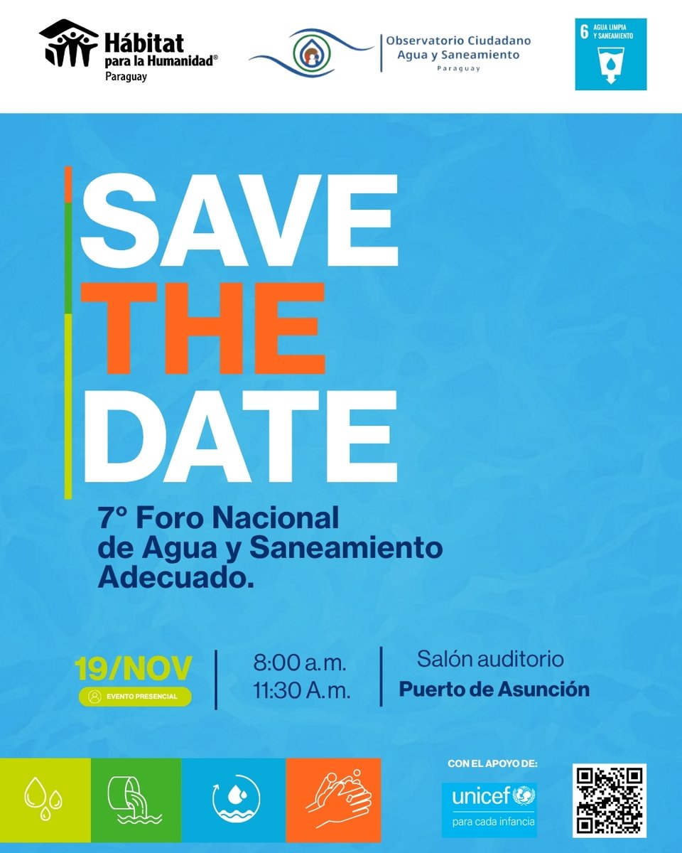 habitatpy's tweet image. 📅 ¡Reservá la fecha!
El 19/11➡️Foro Nacional de Agua y Saneamiento Adecuado 2025 
🚫 190.000 estudiantes sin acceso a agua segura y solo 15% con alcantarillado.
Sumate. Participar es transformar.
📝 Inscripción: forms.gle/XVXZyx9JfCy5JU…
#SaneamientoYA #ForoSaneamiento2025