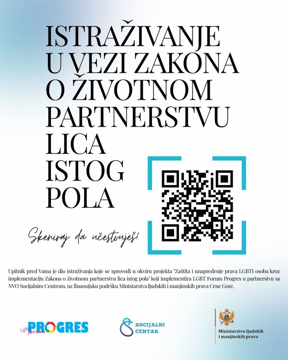 LGBTFP's tweet photo. Upitnik pred Vama je dio istraživanja koje se sprovodi u okviru projekta "Zaštita i unapređenje prava LGBTI osoba kroz implementaciju Zakona o životnom partnerstvu lica istog pola" uz finansijsku podršku Ministarstva ljudskih i manjinskih prava. https://t.co/BcgyhouFYk