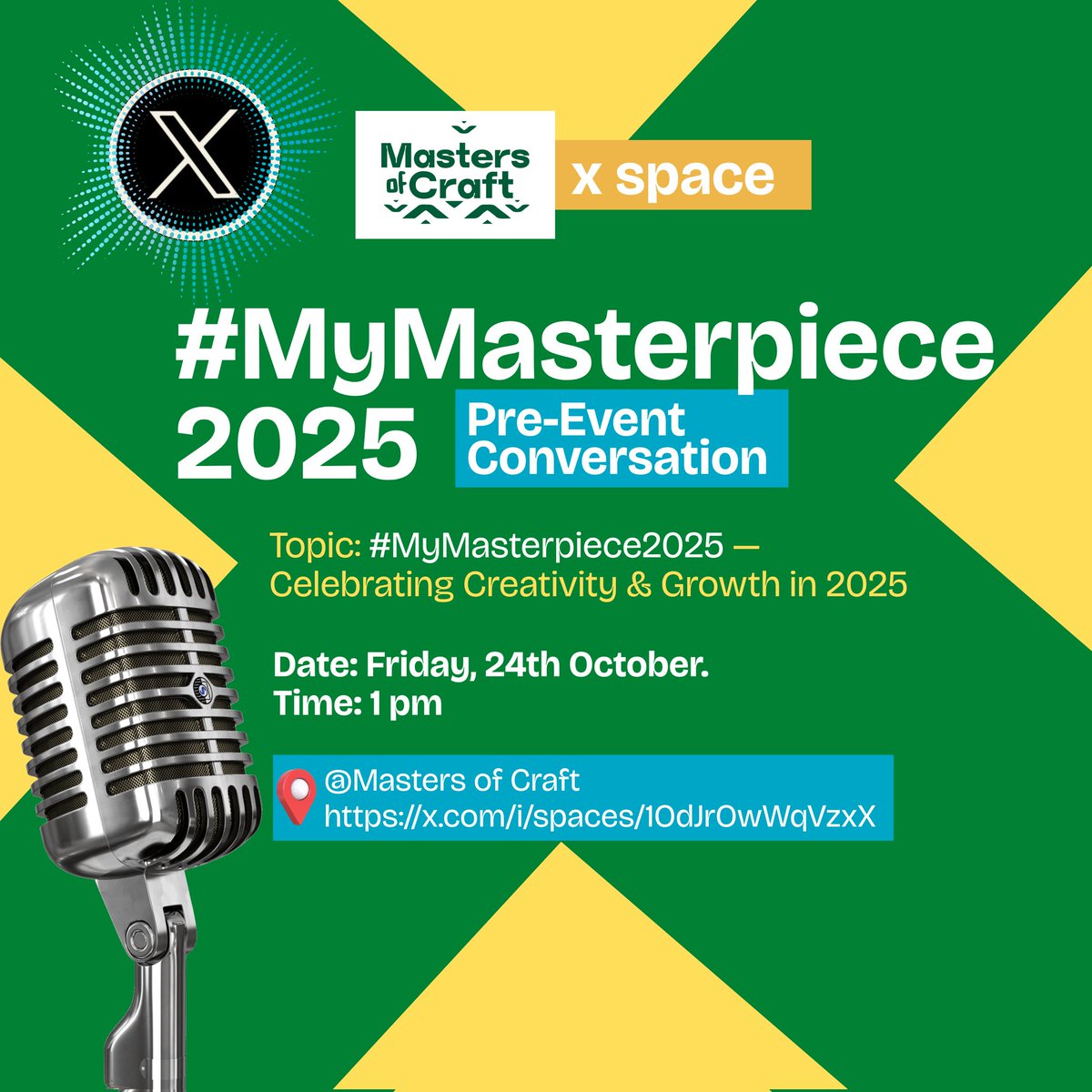 🎙️Join the Conversation!

Before the lights come on, let’s talk about creativity, growth, and the wins that made 2025 special.

🗓️ Date: Friday, 24th October 
🕒 Time: 1 pm
🎧 Host: <a href="/_kingrhealm/">kingrhealm 🐐</a>

#MastersOfCraft #MyMasterpiece2025 #MadeToShine #NaijaCreatives #MOCExperience