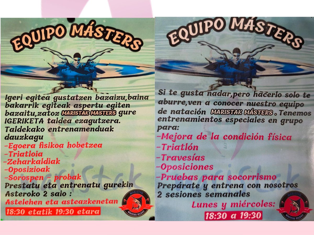 🏊‍♀️ ¿Conoces ya al equipo de natación Maristak Másters?
Un grupo de personas que disfrutan del deporte y entrenan en buena compañía para mejorar su técnica, mantenerse en forma, etc.
Si te gusta nadar y quieres hacerlo en grupo, ¡este es tu sitio!