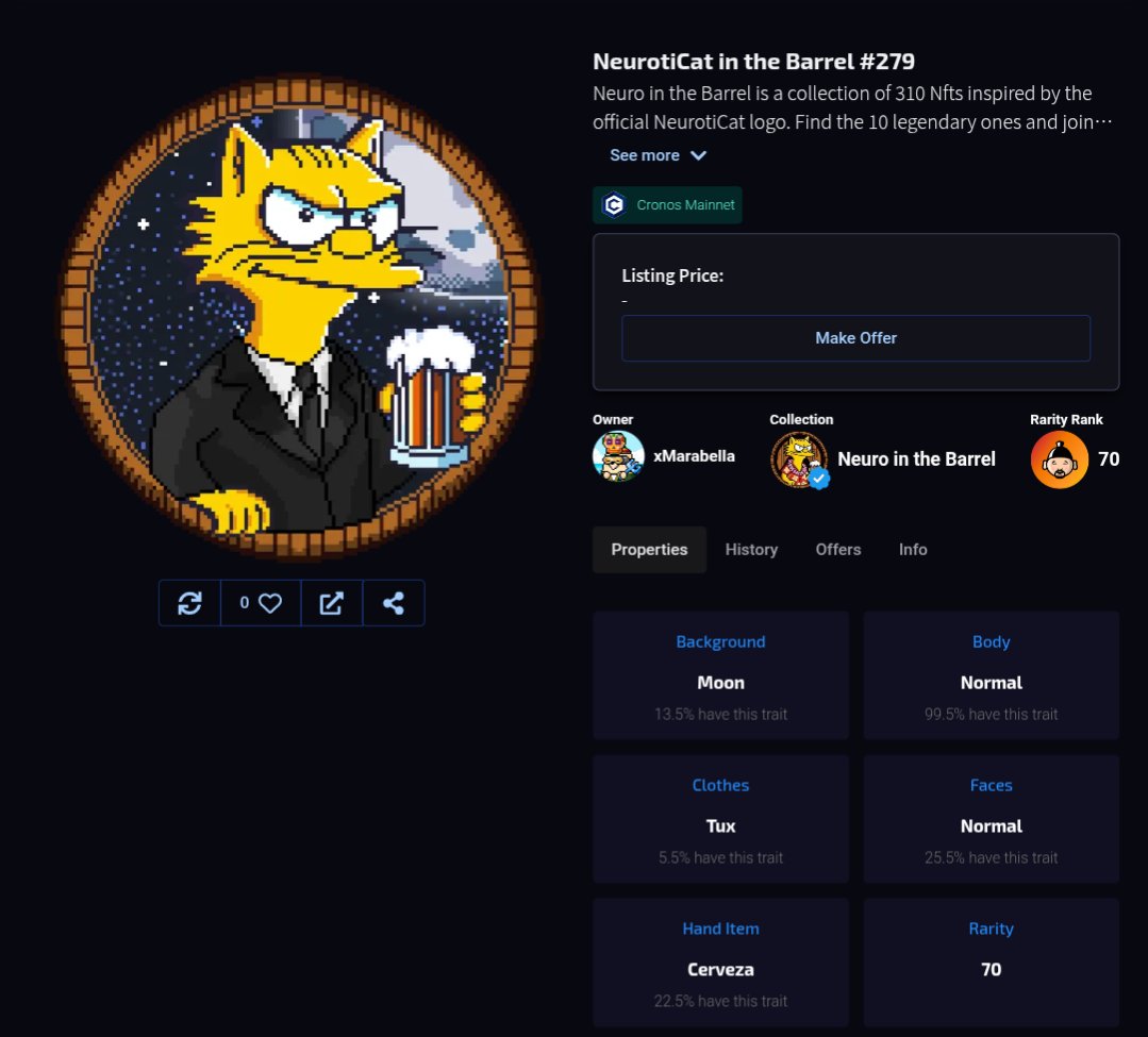 We've just reached our 261th NFT sold! Total minted 84%!
Thanks for purchasing! 
Rarity rank: 70!🔥

app.ebisusbay.com/drops/neuro-in…

1️⃣I remind you that you can join our Discord and receive rewards based on the NFTs and our $NEURO token you hold!!

discord.gg/neuroticat

2️⃣Also there