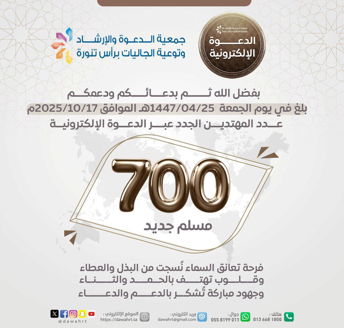 بفضل الله ثم بدعائكم ودعمكم 💫
أثمرت جهود الدعوة الإلكترونية خلال الفترة الماضية عن إسلام (700 مهتدٍ جديد)
قلوب أشرقت بنور التوحيد، ودعواتكم كانت سببًا في الهداية 🙌🏻  🌍

#اللهم_اعط_منفقاً_خلفاً
#الدعوة_الإلكترونية #بشرى_إسلام #700_مسلم_جديد