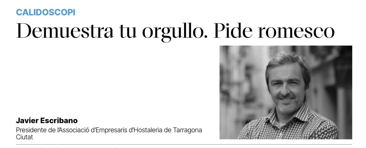 Federació AEHT (@aehtarragona) on Twitter photo "Demuestra tu orgullo. Pide romesco" és el recent article de Javier Escribano al <a href="/diaridtarragona/">Diari de Tarragona</a> !
🍽 Un repàs a l'autèntic despertar cultural, identitari i gastronòmic que ha viscut la ciutat en els darrers anys, amb el romesco com a plat insígnia.
diaridetarragona.com/opinion/calido… "Demuestra tu orgullo. Pide romesco" és el recent article de Javier Escribano al <a href="/diaridtarragona/">Diari de Tarragona</a> !
🍽 Un repàs a l'autèntic despertar cultural, identitari i gastronòmic que ha viscut la ciutat en els darrers anys, amb el romesco com a plat insígnia.
diaridetarragona.com/opinion/calido…
