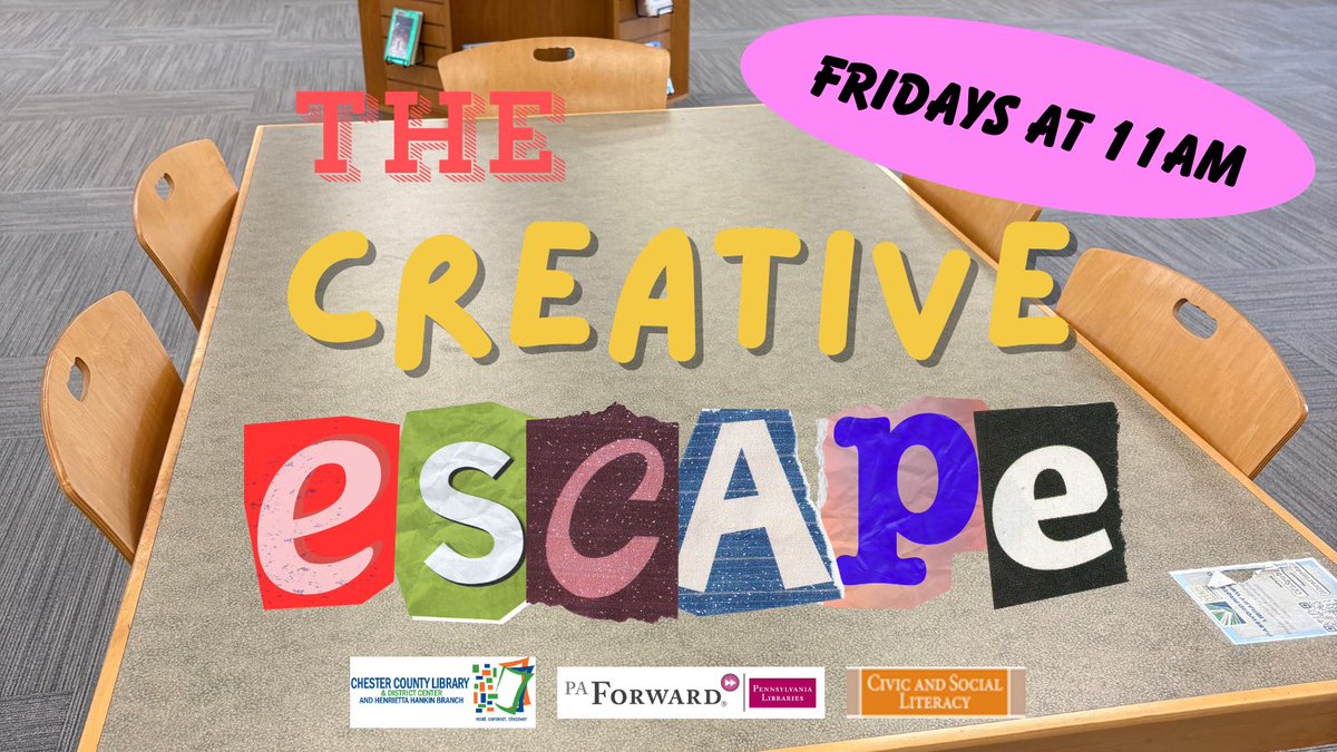 HankinLibrary's tweet image. Happening TODAY at 11 am! 

Join us TODAY and every Friday at 11 am for THE CREATIVE ESCAPE, a laid-back, self-paced crafting experience designed for adults. Details here: buff.ly/W3aAzqm 

#HankinLibrary #PAForward #SocialLiteracy