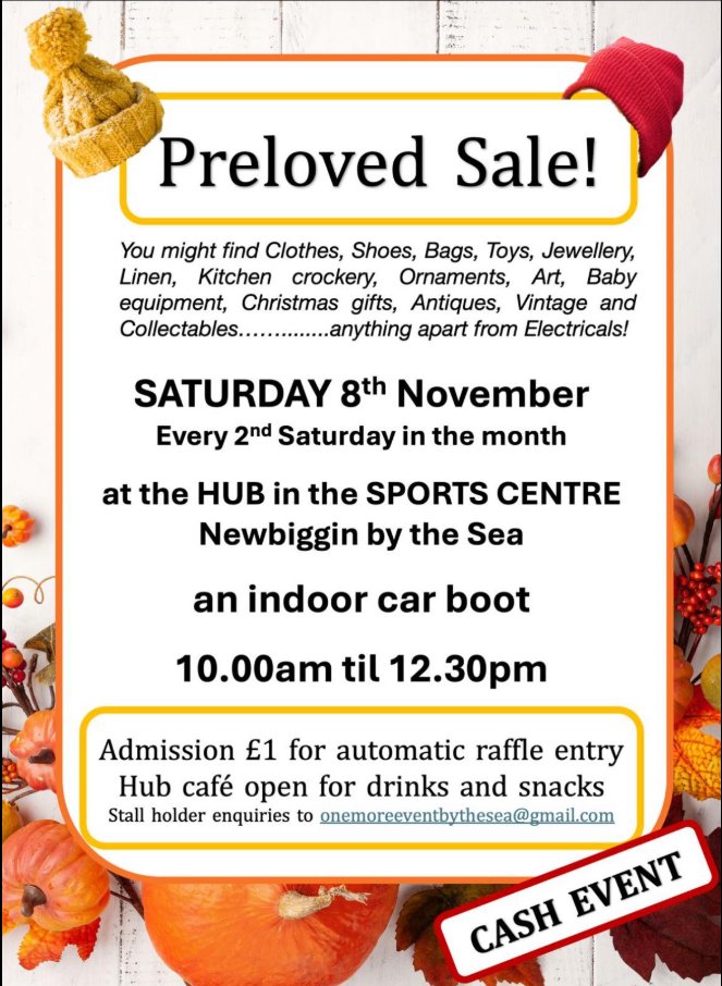 𝗧𝗵𝗲 𝗟𝗮𝘀𝘁 𝗣𝗿𝗲𝗹𝗼𝘃𝗲𝗱 𝗦𝗮𝗹𝗲 𝗕𝗲𝗳𝗼𝗿𝗲 𝗖𝗵𝗿𝗶𝘀𝘁𝗺𝗮𝘀! 
Hunting for amazing bargains before the festive season? Don’t miss the indoor car boot sale!

Find unique gifts, save money, and enjoy a great community event!
#newbiggin