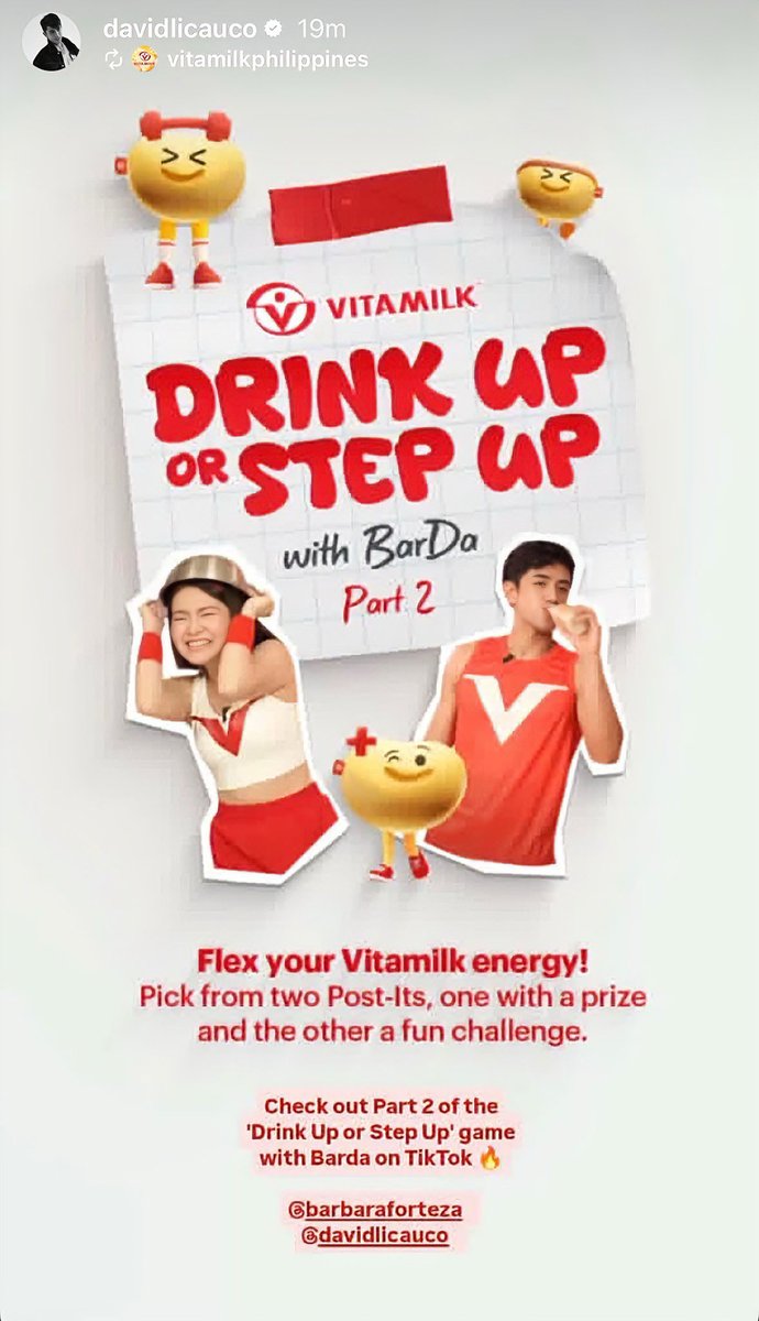 robeRoxanne's tweet image. Yey! Barbie and David reposted Vitamilk’s Drink Up or Step Up Game both in their IG stories today.❤️

#BarDa
#BarbieForteza
#DavidLicauco
#VitamilkwithBarDa
#Part2
#IGStory
#10172025