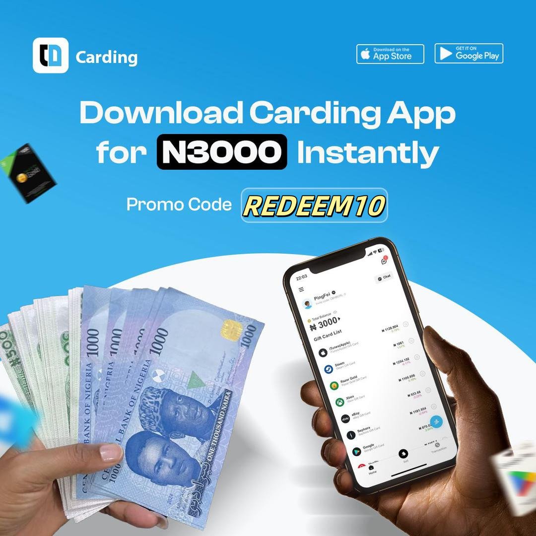 Giveaway Alert for Nigeria &amp; Ghana 🇳🇬🇬🇭

Get ₦3,000 or 10 GHC for Free!

👉 How to claim:
1: Download Carding App
2: Use Promo Code: REDEEM10
✅ You get ₦3,000 or 10 GHC
💰 Withdraw as airtime or send to your account

20 people will receive 20k from me.
Drop a screenshot of the