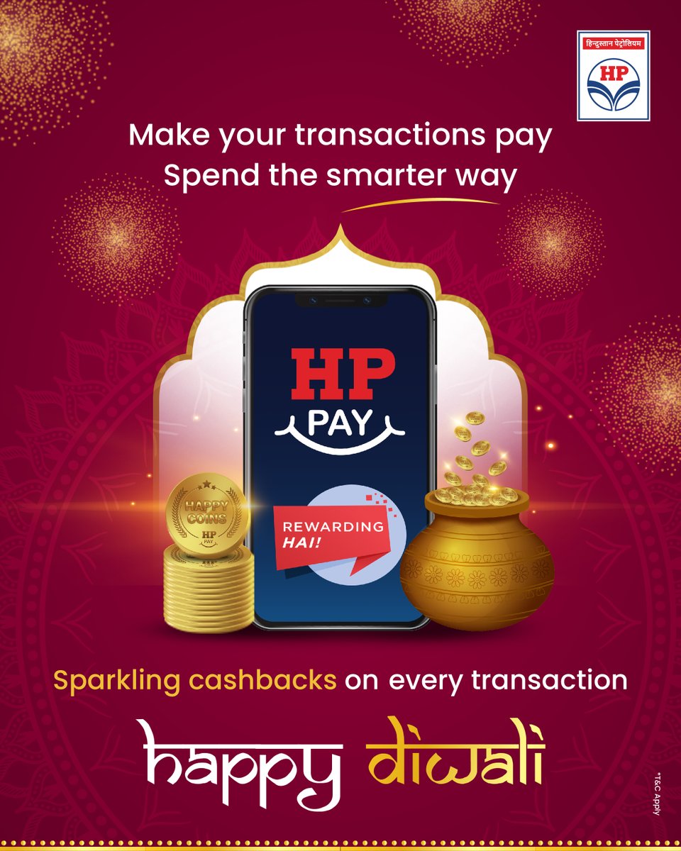 hpcl_retail's tweet image. 𝗛𝗣 𝗣𝗔𝗬 makes every payment a delight with instant cashback applied. Earn Happy Coins for every fuel, LPG, lube, and other purchase. (T&amp;amp;C Apply).

@HPCL wishes everyone 𝗛𝗮𝗽𝗽𝘆 𝗗𝗶𝘄𝗮𝗹𝗶!

#HPCL #HPRetail #MeraHPPump #HappyDiwali #CashBack #poWer95 #HPPay