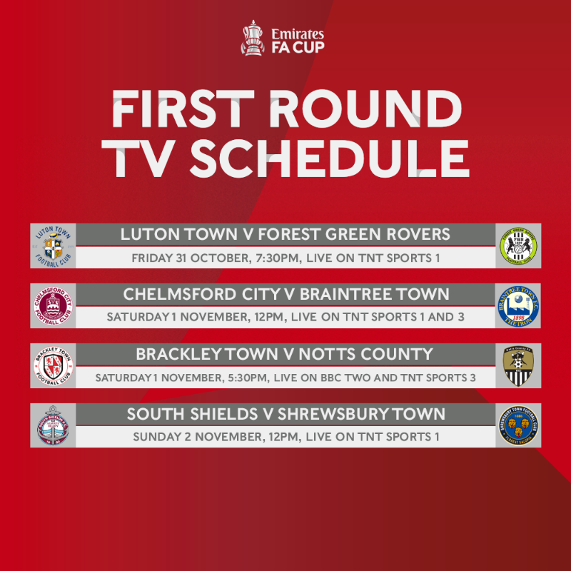 EmiratesFACup's tweet photo. The TV schedule for the #EmiratesFACup first round has been confirmed 📺

Swipe across for further fixtures!