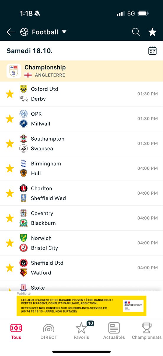 <a href="/FlashscoreFR/">Flashscore.fr</a> quand on suit plusieurs compétitions en ⭐️, à chaque journée on doit cliquer match par match pour les mettre en favoris ⭐️.
Avec des dizaines de compétitions, ça fait des centaines de clics par jour 😅
Possible d’ajouter un bouton « ⭐️ all » svp ? 🙏 #TeamParieur