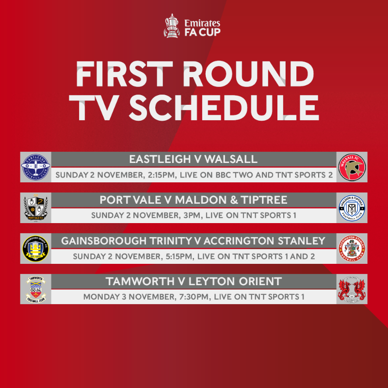 EmiratesFACup's tweet photo. The TV schedule for the #EmiratesFACup first round has been confirmed 📺

Swipe across for further fixtures!