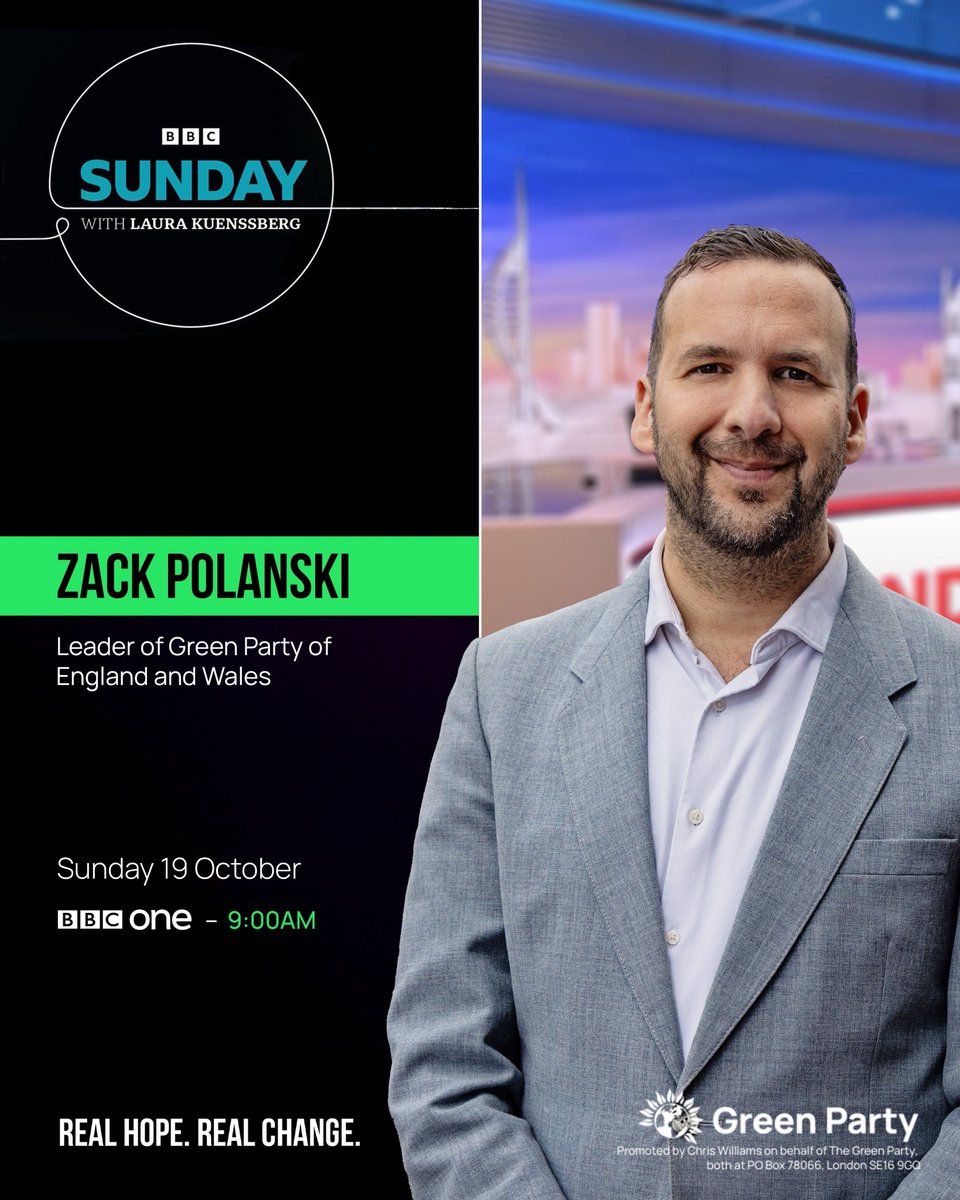 TheGreenParty's tweet photo. 📺 Tune in to BBC One, 9am Sunday 19 October to catch @ZackPolanski on Sunday with Laura Kuenssberg. https://t.co/tMgtOSeJiU