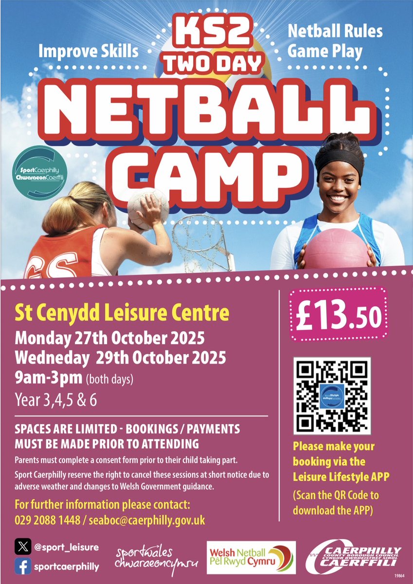 sport_leisure's tweet image. ⸻

🎉🏐 Only 7 days left to sign up for our Netball Camps!
🎉🏐 Dim ond 7 diwrnod i fynd i gofrestru ar gyfer ein gwersylloedd pêl-rwyd!

Don’t miss out on fun-filled days of netball, teamwork, and new skills this October half-term!
Peidiwch â cholli’r cyfle i fwynhau diwrnodau…