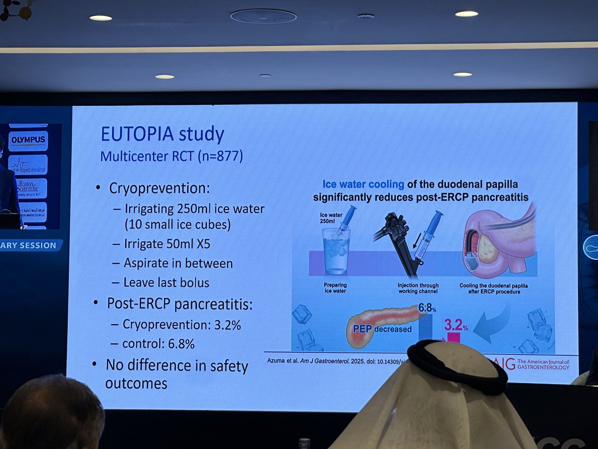 💡 Post-ERCP Pancreatitis Prevention Update:
🧊 Ice-cold water? 🤔
💉 Rectal NSAID ✅ — still mainstay
🌀 PD stent ⬇️ — used less
⚠️ PEP rates 📈 increasing
💧 Ringer’s lactate 💪 — synergistic with NSAID (and maybe both?)

#IGCC2025