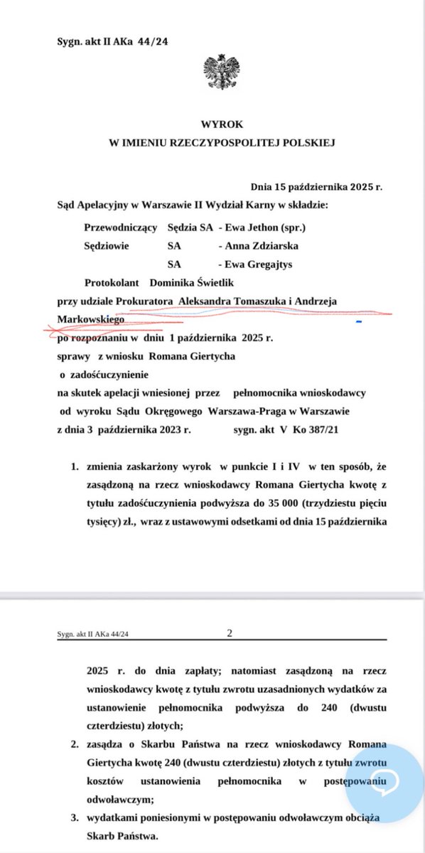 Na rozprawie w Sądzie Apelacyjnym w Warszawie, podczas której Roman Giertych dostał odszkodowanie byli obecni prokuratorzy: Andrzej Markowski (umorzył sprawę Giertycha ws. Polnordu) i Aleksander Tomaszuk ( Prokuratura Krajowa). Jakie było ich stanowisko ws odszkodowania?