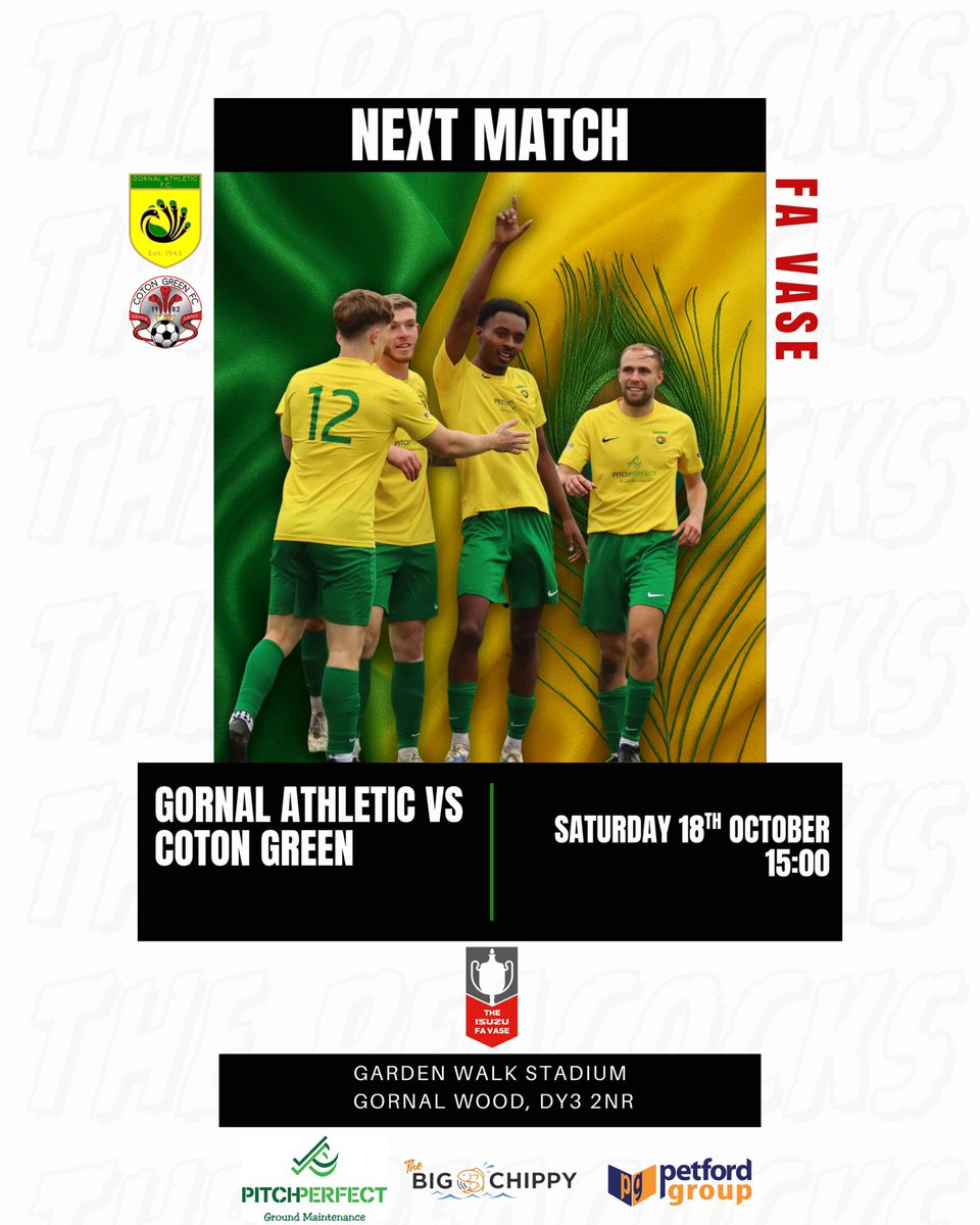 NEXT UP

A test against high flying Coton Green in the FA Vase awaits us tomorrow.  The boys will be doing all the can to get through to the second round and need your support.

⚽️<a href="/cotongreenfc/">Coton Green FC</a> 
📅Saturday 18th October
📍DY3 2NR
🎟️£7 adults / £5 concessions
🍟Bar open and food