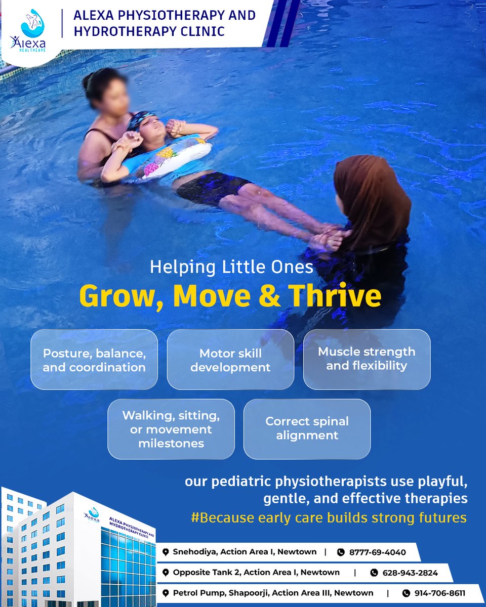 Our specialized Aqua Therapy for Kids helps improve strength, balance, and coordination through playful, gentle exercises in water — making therapy fun, safe, and effective!

📍 Locations:
Snehodiya, AA I, Newtown
Opposite Tank 2, AA I, Newtown
Petrol Pump, Shapoorji, AA III