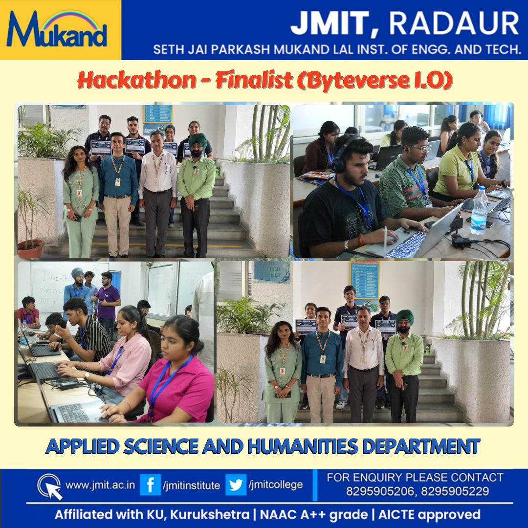 JmitCollege's tweet image. Students from the Applied Science and Humanities Department at JMIT, Radaur proudly reached the Finals of Byteverse I.O Hackathon, showcasing their creativity, coding skills, and problem-solving mindset.
#jmitradaur #byteversehackathon #codingcompetition #techcreators #jmit