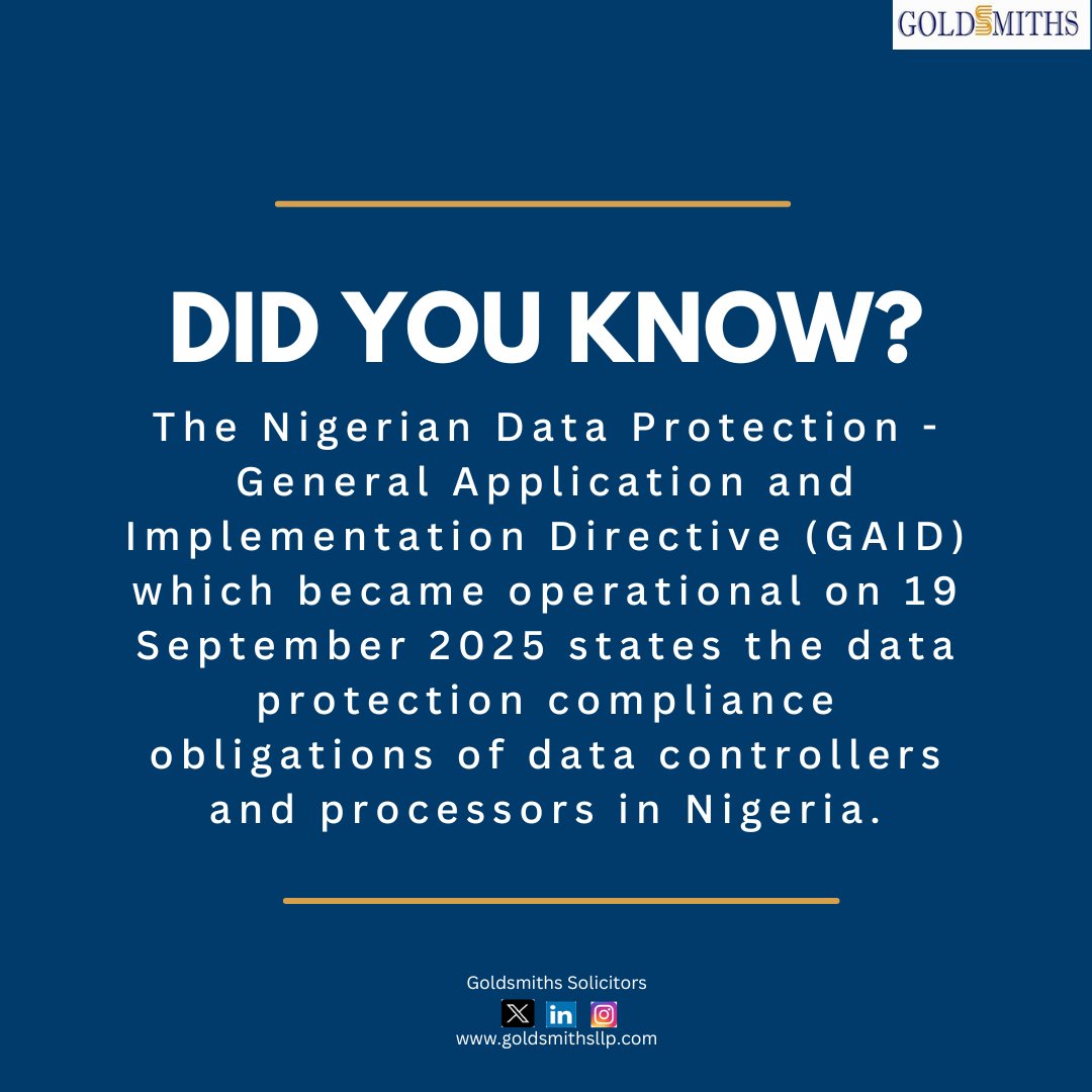 GoldsmithsLLP's tweet image. Titbits Monday
#DataProtection #DataPrivacy #DataControllers #DataProcessors #DataProtectionCompliance #NigerianDataProtectionAct #TitBits