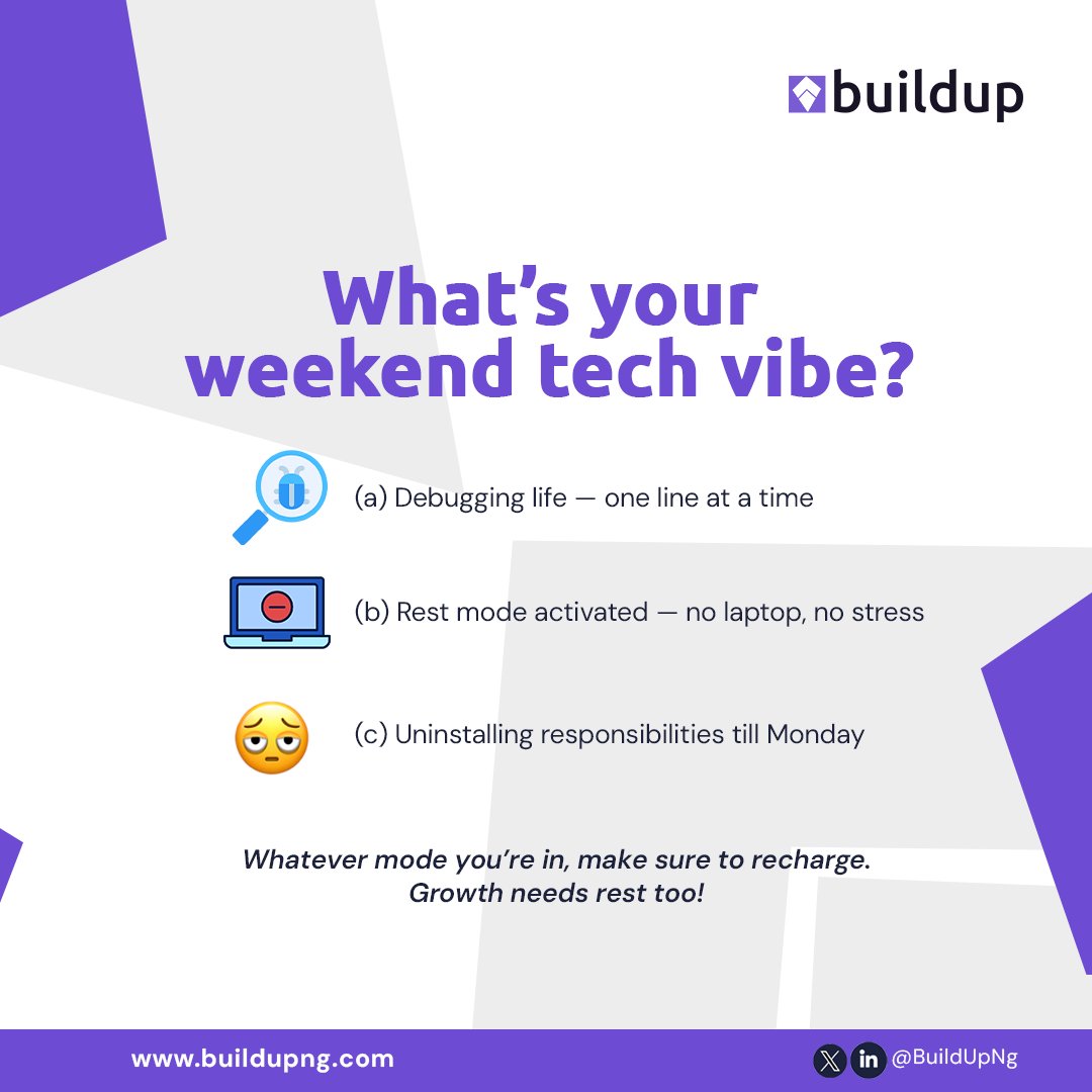 BuildUpNg's tweet image. At BuildUp, we believe in balance!

Which one are you this weekend?  Let us know below.
Remember, balance is part of the growth process. 

#buildUp  #weekendvibes #learngrowbuild
