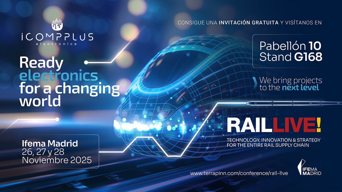 Icomppluselec's tweet image. ¡Nos vemos en Rail Live! 🚆
Del 26 al 28 de noviembre en @IFEMA, @Icomppluselec mostrará su experiencia en componentes ferroviarios y soluciones fiables para comunicación, señalización y control.
📍 Pabellón 10 | Stand G168
Agenda tu reunión: icompplus.com/en/rail-live
#RailLive2025