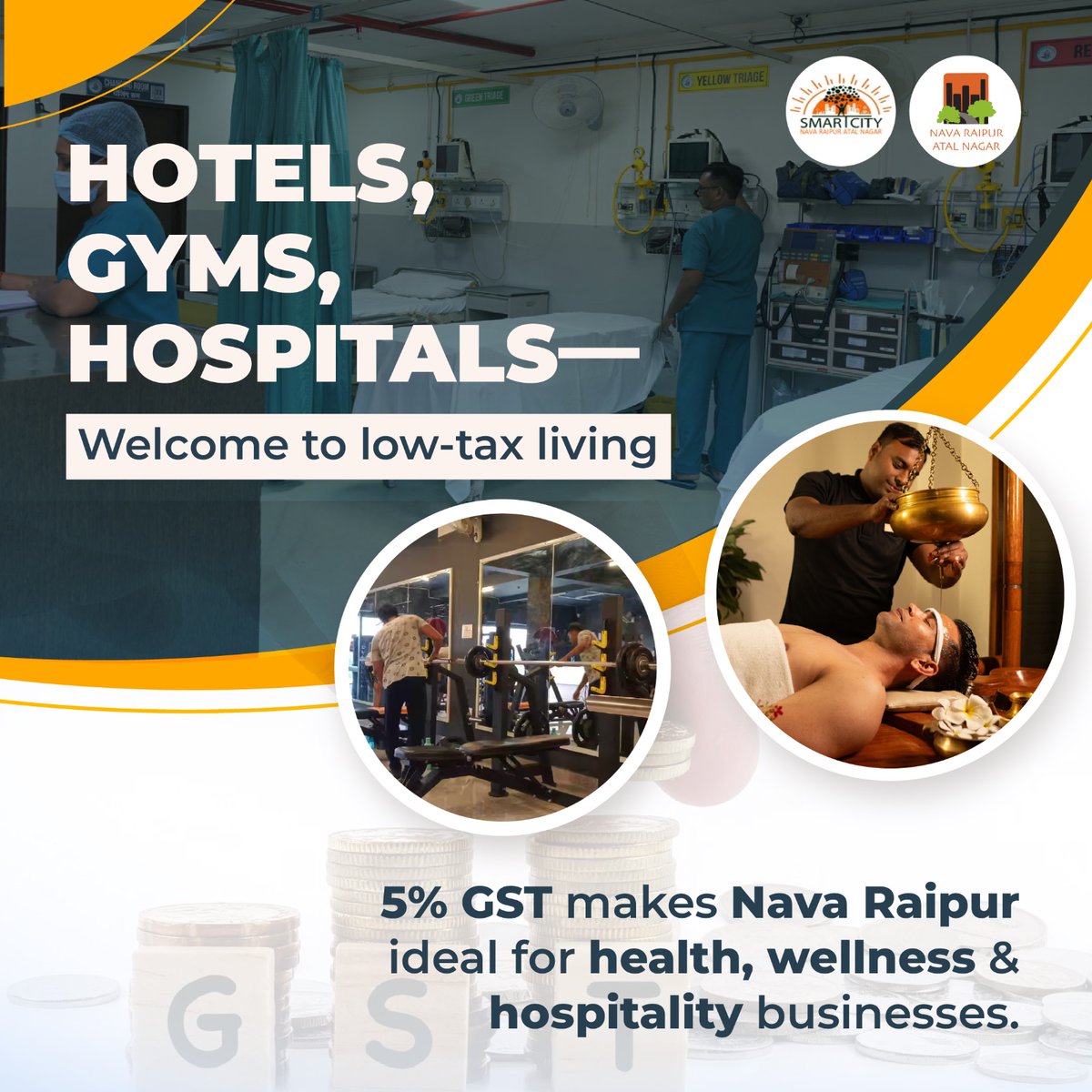NavaRaipur's tweet image. Health, wellness, and hospitality are the pillars of a thriving city. With just 5% GST, Nava Raipur is building an ecosystem where hotels, gyms, and hospitals can grow faster and reach more people.

Invest in wellness, invest in Nava Raipur.

#GSTReforms #navaraipur #healthcare…
