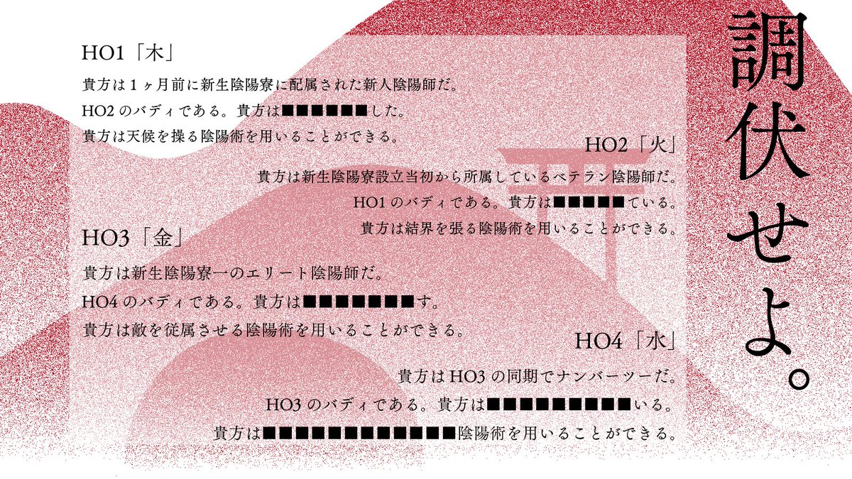 ＝＝＝＝＝＝＝＝＝＝
　新作シナリオ告知
＝＝＝＝＝＝＝＝＝＝

CoC6th/7thシナリオ
　　　「NOA」

現代京都 × 陰陽師 × 高ロス

――神話を調伏せよ。

ゲームマーケット2025秋にて頒布開始