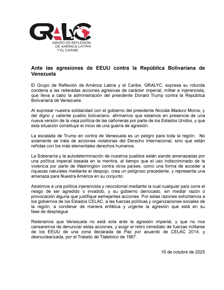 #Nuestramérica🌎🇻🇪 Ante las agresiones de EEUU contra la República Bolivariana de Venezuela diferentes colectivos de intelectuales han expresado su solidaridad con el país caribeño, uno de ellos, el Grupo de Reflexión de América Latina y el Caribe, GRALYC nos acercó el siguiente