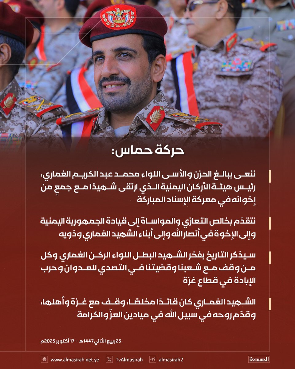🟥 حركة حماس: 

♦️ ننعى ببالغ الحزن والأسى اللواء محمد عبد الكريم الغماري، رئيس هيئة الأركان اليمنية الذي ارتقى شهيدًا مع جمعٍ من إخوانه في معركة الإسناد المباركة
♦️ نتقدّم بخالص التعازي والمواساة إلى قيادة الجمهورية اليمنية وإلى الإخوة في أنصار الله وإلى أبناء الشهيد الغماري