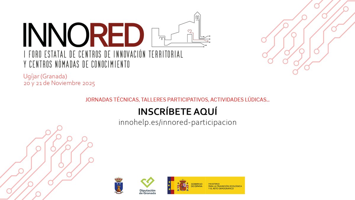 📢¡¡Jornadas técnicas, talleres participativos y mucho más!!
⏰20 y 21 de noviembre 2025 en Ugíjar (Granada). <a href="/Ayto_Ugijar/">Ayuntamiento Ugíjar</a> con la colaboración de <a href="/dipgra/">Diputación de Granada</a> y <a href="/mitecogob/">Transición Ecológica y Reto Demográfico</a> 
🔗Inscríbete aquí: innohelp.es/innored-partic…
#Ugíjar #InnovaciónRural #INNORED