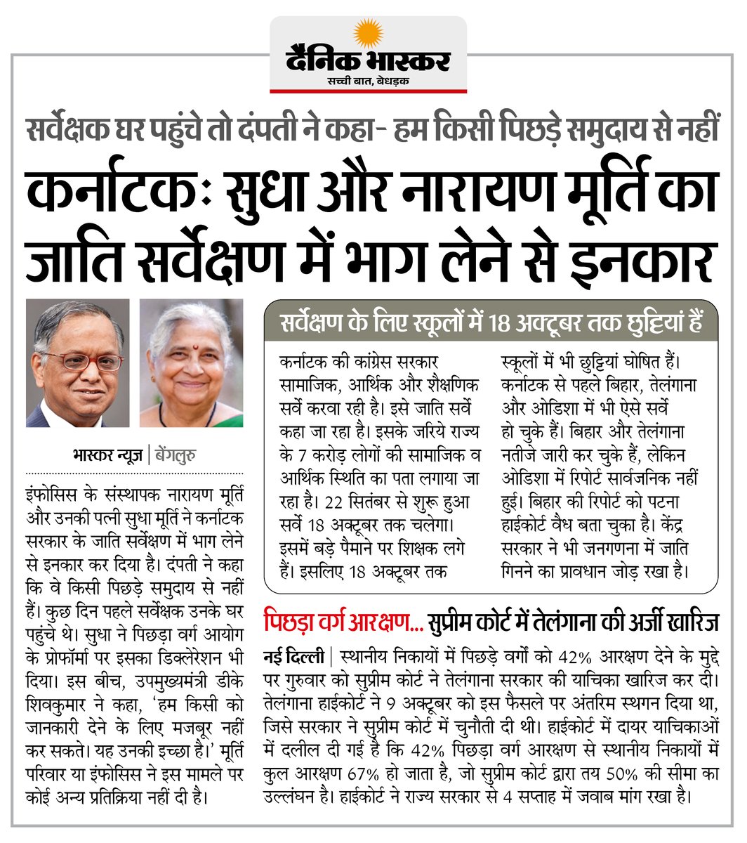 DainikBhaskar's tweet image. इंफोसिस संस्थापक नारायण मुर्ती और पत्नी सुधा मुर्ती ने कर्नाटक सरकार के जाति सर्वेक्षण में भाग लेने से किया इनकार... उप मुख्यमंत्री ने कहा- हम किसी को फोर्स नहीं कर सकते
#NarayanMurthy #SudhaMurthy #Karnataka #CasteSurvey #Infosys    
 
अधिक खबरें और ई-पेपर पढ़ने के लिए दैनिक…