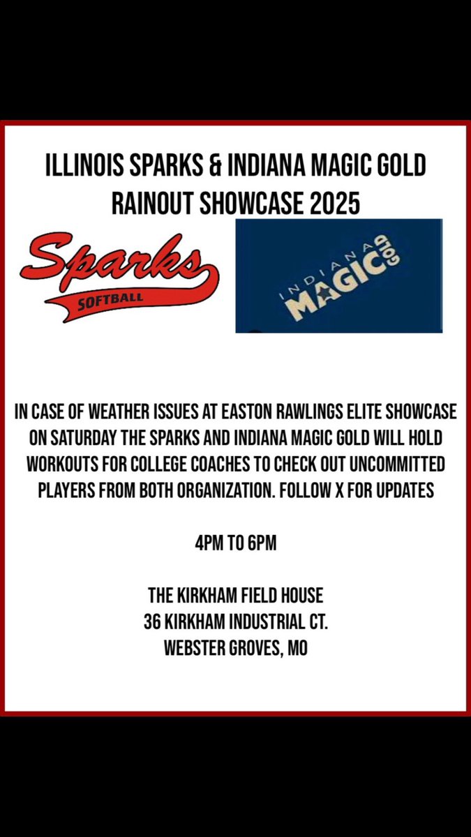Attention college coaches. In case of bad weather in O’Fallon this weekend, don’t let it ruin your day. Indiana Magic Gold and Illinois Sparks will be hosting a combined workout that you are welcome to come watch us h some great talent compete. 
Will keep you updated on X