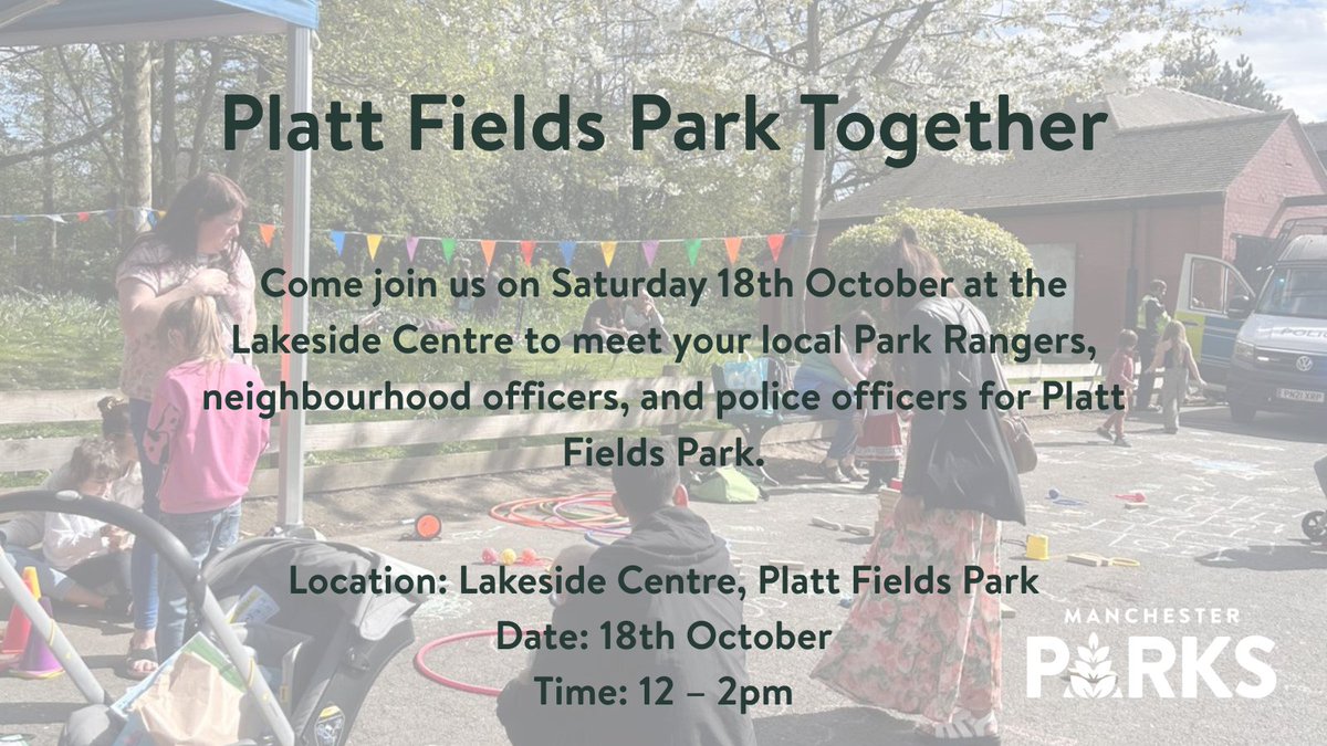 MCRparks_'s tweet photo. Tomorrow at Platt Fields Park 12-2pm!

Lots of activities for everyone to enjoy for free.

🌸Meet the Park Ranger team
🌸Free Bike Marking
🌸Crime prevention &amp; safety advice
🌸Have a look inside a police vehicle
🌸Tea and coffee https://t.co/fSTMzBRkG8