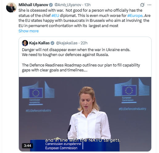 Isn’t it interesting that a Russian representative of a country waging an imperialistic war spreads the same narrative about the European Union as the so-called “peace movement” in the West, which accuses the EU and especially Kaja Kallas of being a warmonger?