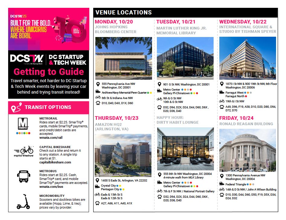 goDCgo's tweet image. goDCgo is excited to partner with @dcstartupweek returning in person October 20-24! Stop by our table on 10/20 for trip-planning assistance, grab resources, including a 2025 DC Bike Map, and more! Download our Getting to Guide to get to events here: godcgo.com/wp-content/upl…