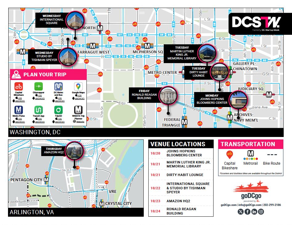 goDCgo's tweet image. goDCgo is excited to partner with @dcstartupweek returning in person October 20-24! Stop by our table on 10/20 for trip-planning assistance, grab resources, including a 2025 DC Bike Map, and more! Download our Getting to Guide to get to events here: godcgo.com/wp-content/upl…