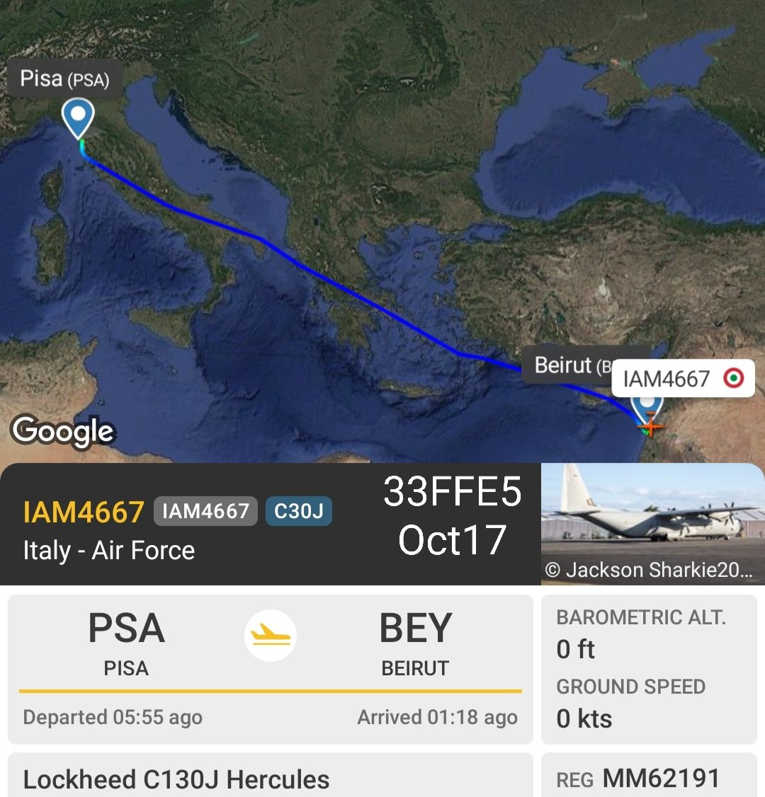 LebanonJets's tweet photo. #Italy AirForce C130 #MM62191 #33FFE5 Pisa to Beirut & back as #IAM4667 for #UNIFIL 1st IAM C130 for October apart from several KC767s, a Falcon & ItalianArmy Dornier all into Lebanon this month https://t.co/JzHgwvq3aX