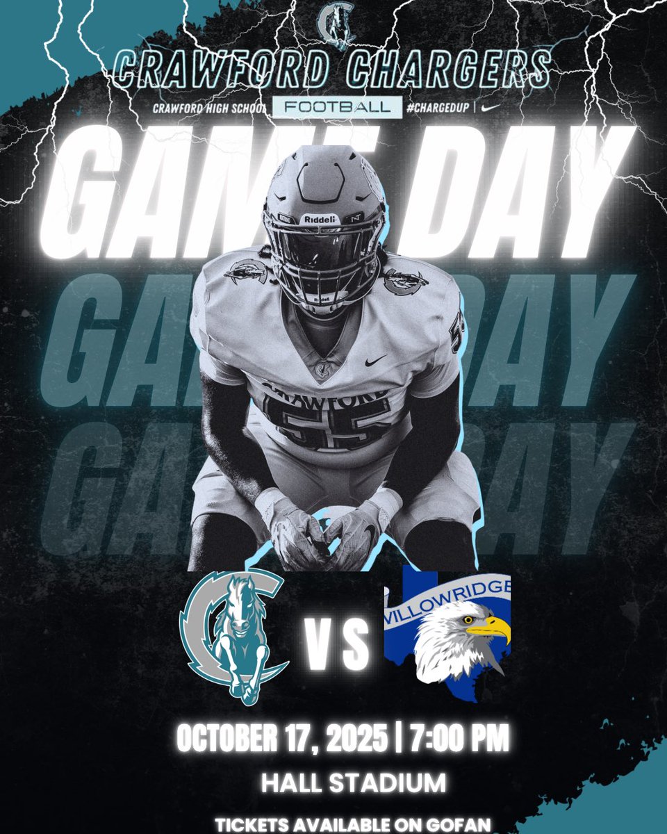 It’s GAME DAY Charger fans! ⚡️🏈🐎

<a href="/ACHS_ChargerFB/">Almeta Crawford Football</a> will face off vs. Willowridge Eagles! 

🗓️ October 17, 2025
📍Hall Stadium (Clear bag policy)
⌚️7:00 PM
🎟️ gofan.co/event/3726279

#UsvsUs #FamilyFirst #ChargersWin #ChargedUp #WhyNotCrawford ⚡️⚡️⚡️

<a href="/ACHS_ATHfbisd/">ACHS_Athletics</a>