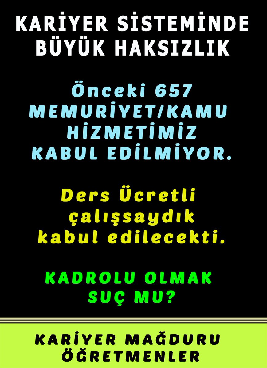 Yıllarca yaptığımız 657/kamu hizmetimiz uzmanlıkta kabul edilsin. Mağduruz. Adalet ve eşitlik istiyoruz.
#MemurGeçinemiyor
#memurubitirdiniz
<a href="/Yusuf__Tekin/">Yusuf Tekin</a>
<a href="/_aliyalcin_/">Ali YALÇIN</a> 
<a href="/HurEgitimSen/">Hürriyetçi Eğitim Sen Genel Merkezi</a> 
<a href="/MemurSenKonf/">Memur-Sen</a> 
<a href="/TalipGeylan06/">Talip Geylan</a> 
<a href="/RTErdogan/">Recep Tayyip Erdoğan</a>
<a href="/MemurSenKonf/">Memur-Sen</a>
<a href="/MhpTbmmGrubu/">MHP TBMM Grubu #MHP</a>
<a href="/Akparti/">AK Parti</a> 
<a href="/tcbestepe/">T.C. Cumhurbaşkanlığı</a>