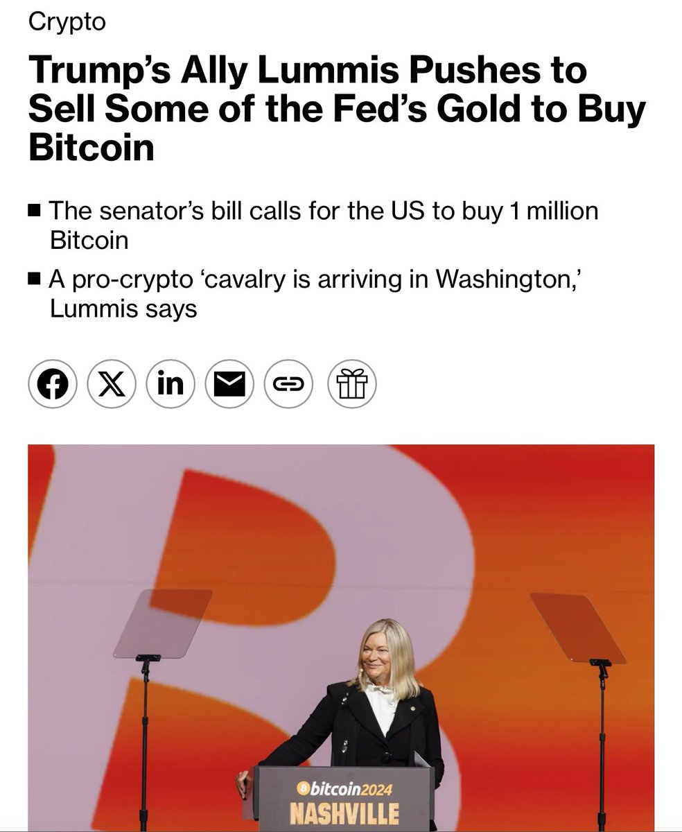 Gold is at an all-time high. Senator Lummis’s plan to reprice gold at Fort Knox and use the difference to buy 1 million Bitcoin now seems very possible.

bloomberg.com/news/articles/…