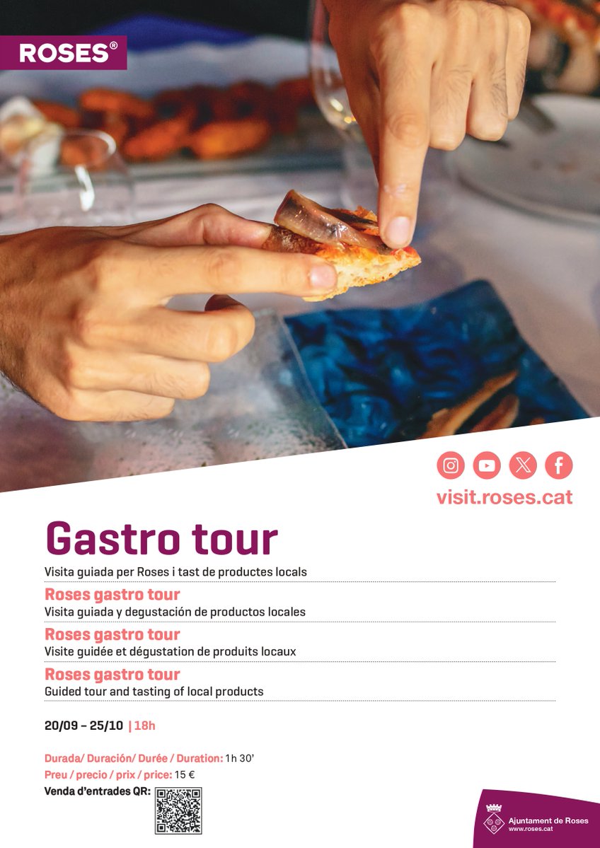 Últim 𝗥𝗼𝘀𝗲𝘀 𝗚𝗮𝘀𝘁𝗿𝗼 𝗧𝗼𝘂𝗿 de l'any 😋

Gaudeix d'una ruta enogastronòmica on coneixeràs productors locals i on podràs tastar i viure el millor de la gastronomia de Roses 🐟🍷🫒🍺🍬

📅 25/10 - 18 h
🎟️ Places limitades 👉 shorturl.at/g9dNO