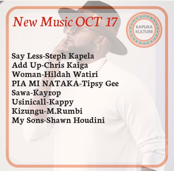 New Music This Week (OCT 17)

Say Less-<a href="/iamkapela/">Steph Kapela</a>
Add Up-<a href="/chriskaiga_/">chris kaiga</a>
Woman-<a href="/hildah_watiri/">Hildah Watiri</a>
PIA MI NATAKA-<a href="/TipsyGeeMusic/">Tipsy Gee</a> 
Sawa-<a href="/Kayropmusic/">Kayrop</a>
Usinicall-#Kappy
Kizungu-<a href="/m_rumbi/">rumbi Makunde</a>
My Sons-#ShawnHoudini