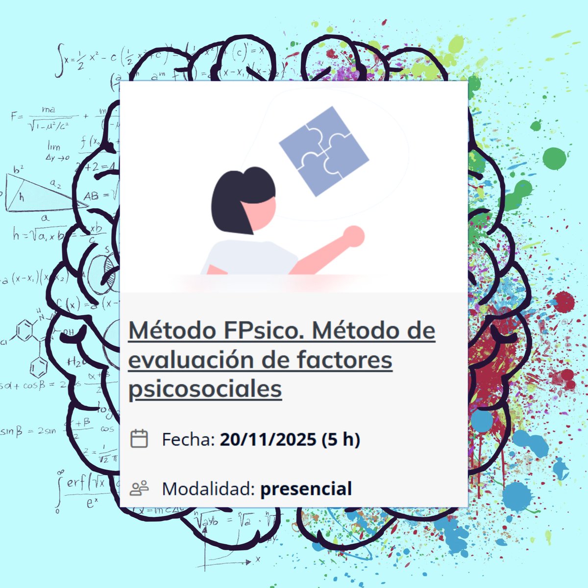 INSST_MITES_GOB's tweet image. 🎓 Finalizamos semana con nuevo curso #INSST

Aplica el método #FPSICO,   evalúa factores psicosociales e interpreta informes con casos reales 🧠

📍 Bizkaia | 20 nov | 09:00-14:00 | Presencial
⚠️ Plazas limitadas
¡Reserva la tuya! 🔗 run.gob.es/dmv51793
#FormaciónPRL